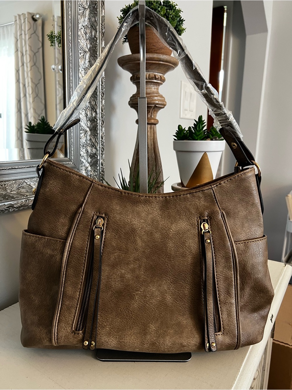 Women's Taupe Shoulder Bag with Gold Accents